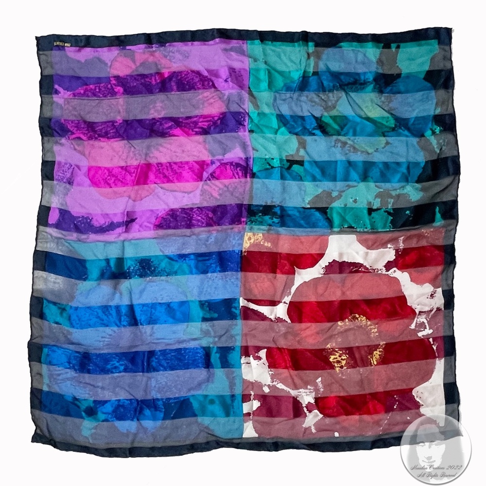 Bill Blass Silk Scarf Shawl Abstract Graphic Watercolor Floral Print Vintage 80s